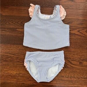 RuffleButts Girls 2T bikini w/ blue seersucker stripe & pink polka dot ruffles